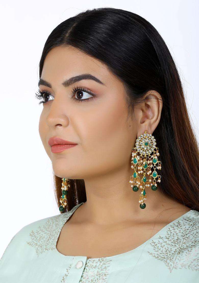Green Gold-Plated Kundan Contemporary Chandbalis for Women | Traditional Ethnic Jewellery for Wedding & Festive Wear | Gift for Her - Indya
