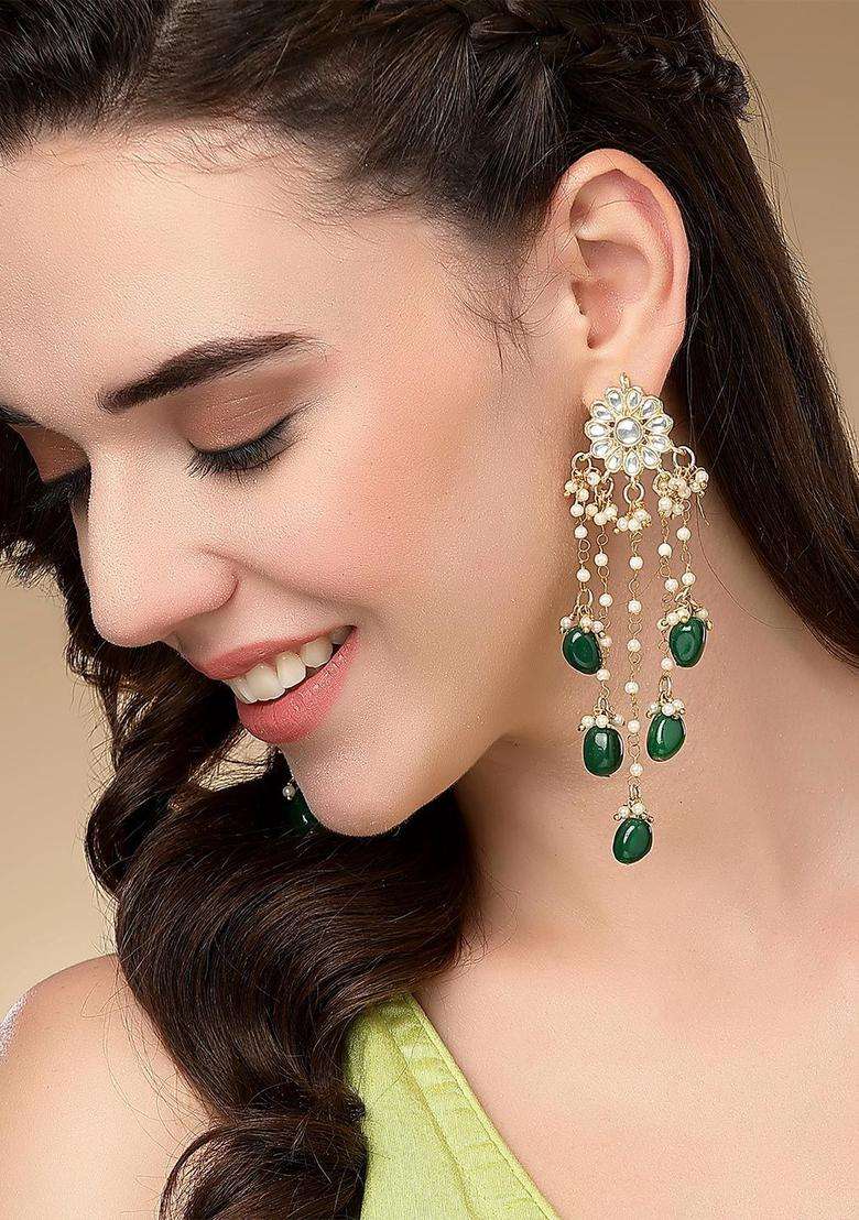 Gold-Plated & Green Drop Kundan Earrings for Women | Traditional Ethnic Jewellery for Wedding & Festive Wear | Gift for Her - Indya