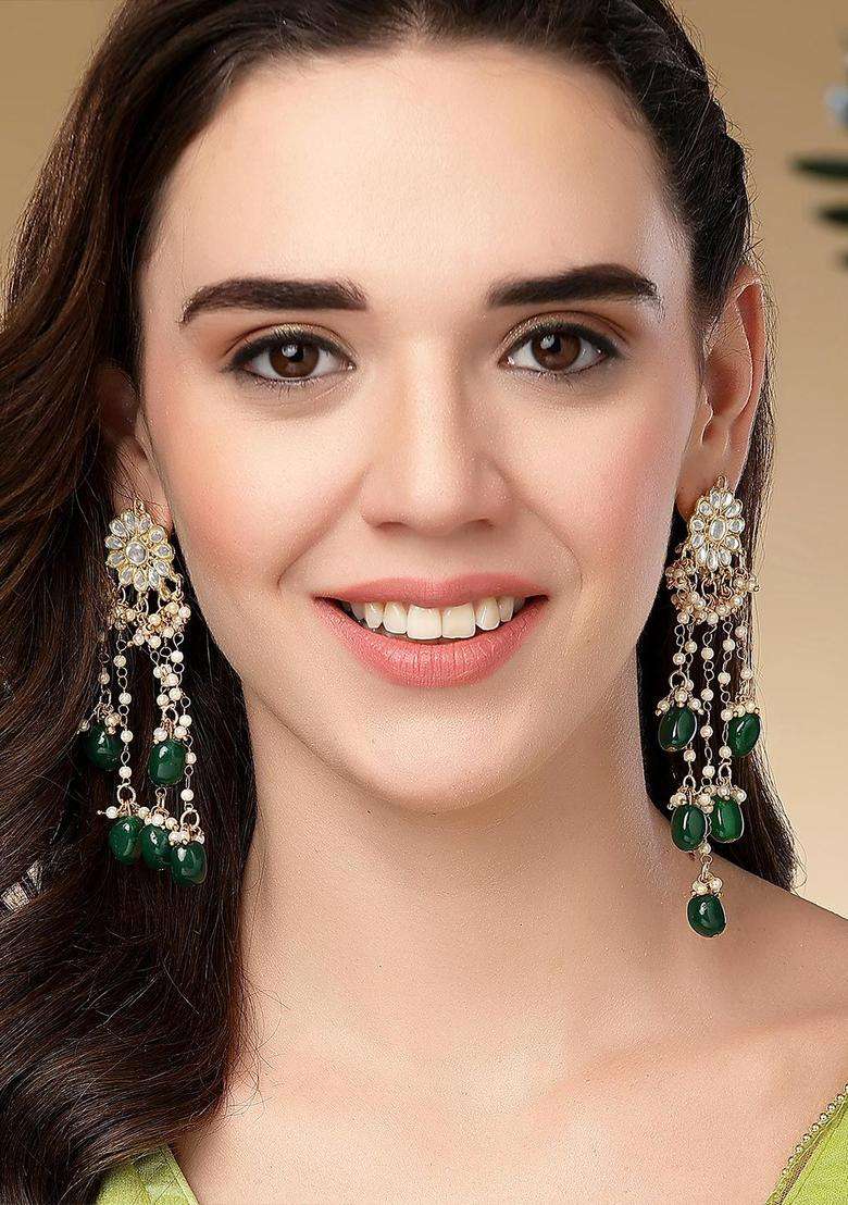 Gold-Plated & Green Drop Kundan Earrings for Women | Traditional Ethnic Jewellery for Wedding & Festive Wear | Gift for Her - Indya