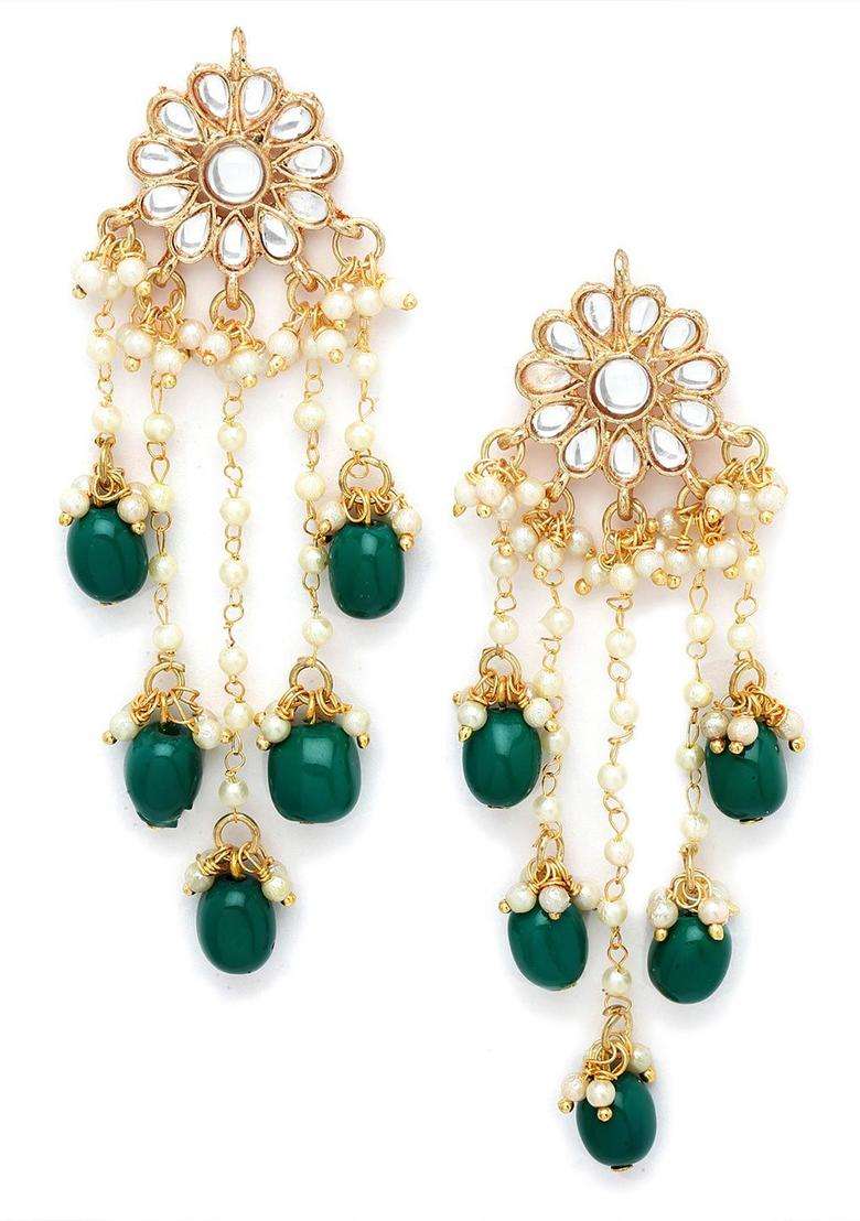 Gold-Plated & Green Drop Kundan Earrings for Women | Traditional Ethnic Jewellery for Wedding & Festive Wear | Gift for Her - Indya