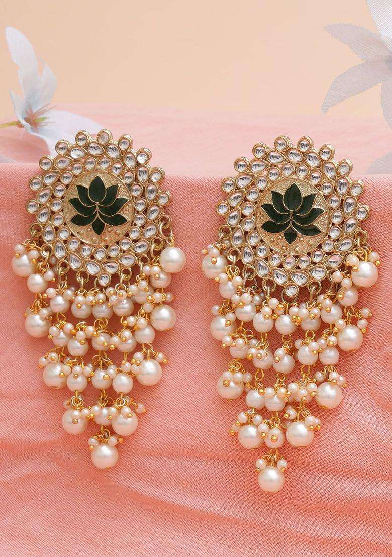Green Gold-Plated Meena Kundan Dangler Drop Earrings for Women | Traditional Ethnic Jewellery for Wedding & Festive Wear | Gift for Her - Indya