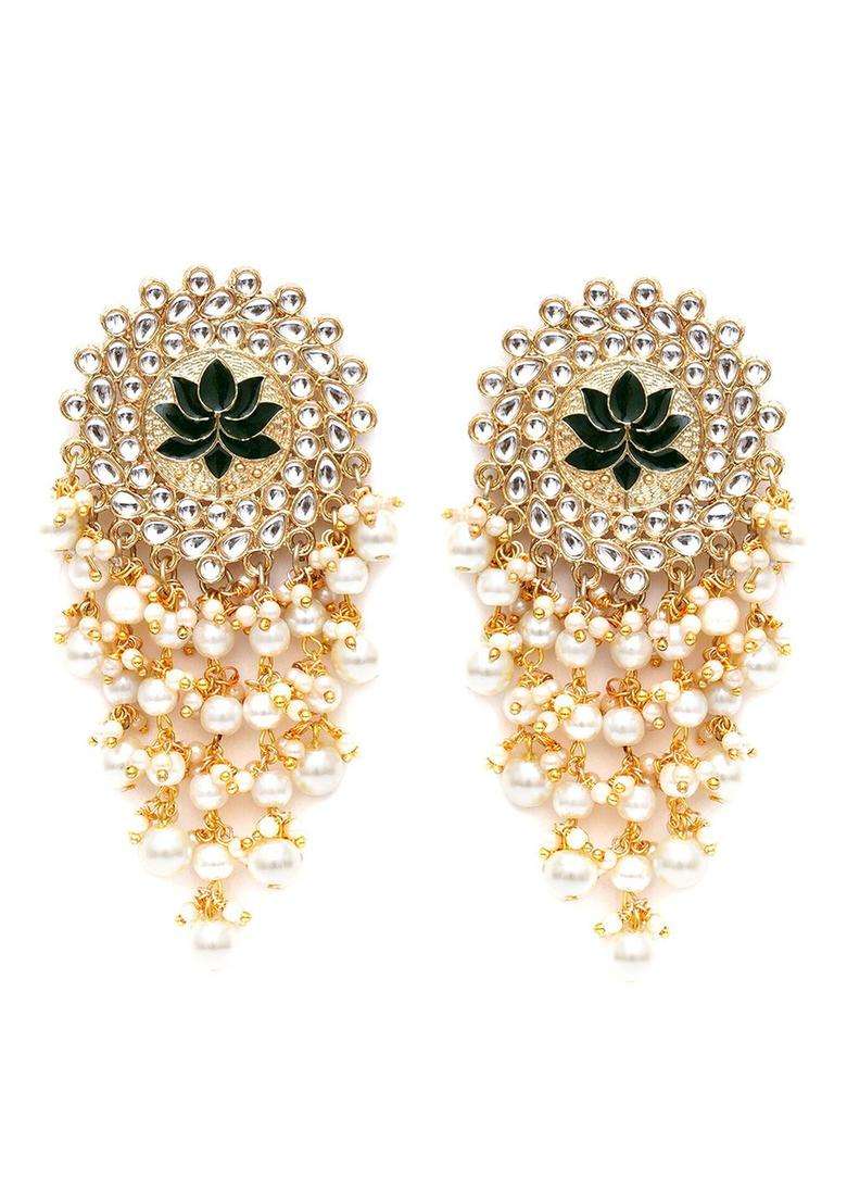 Green Gold-Plated Meena Kundan Dangler Drop Earrings for Women | Traditional Ethnic Jewellery for Wedding & Festive Wear | Gift for Her - Indya