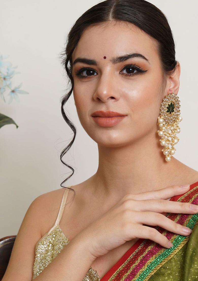 Green Gold-Plated Meena Kundan Dangler Drop Earrings for Women | Traditional Ethnic Jewellery for Wedding & Festive Wear | Gift for Her - Indya