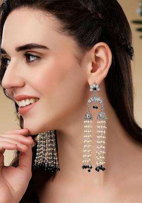 Silver-Plated Black Contemporary Jhumkas Oxidised Kundan Drop Earrings for Women | Fusion Party & Festive Wear | Gift for Her