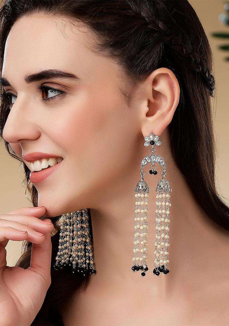Silver-Plated Black Contemporary Jhumkas Oxidised Kundan Drop Earrings for Women | Fusion Party & Festive Wear | Gift for Her - Indya