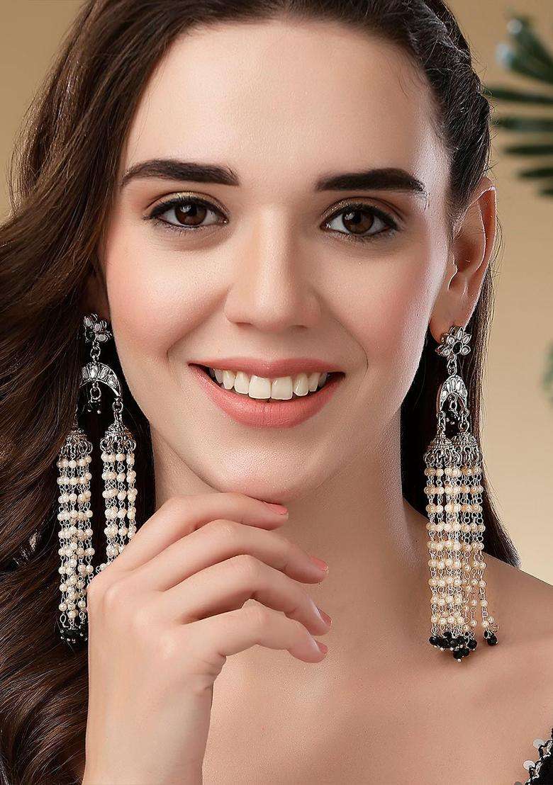 Silver-Plated Black Contemporary Jhumkas Oxidised Kundan Drop Earrings for Women | Fusion Party & Festive Wear | Gift for Her - Indya