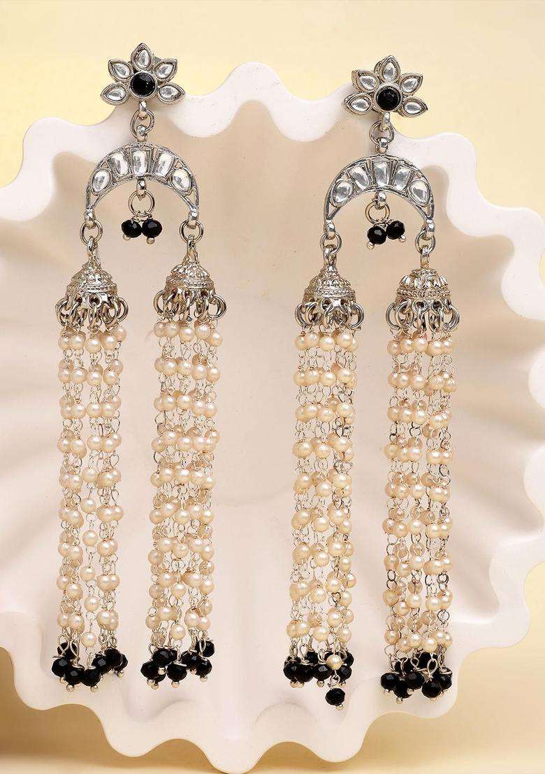 Silver-Plated Black Contemporary Jhumkas Oxidised Kundan Drop Earrings for Women | Fusion Party & Festive Wear | Gift for Her - Indya