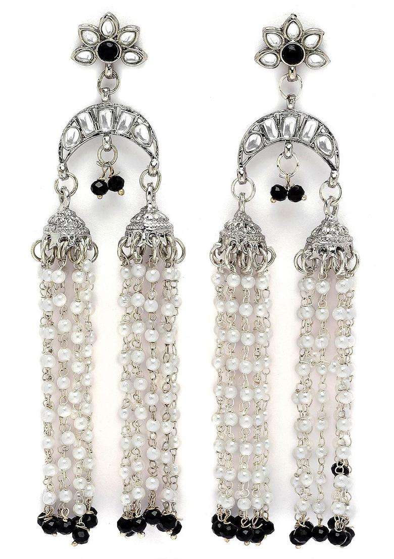 Silver-Plated Black Contemporary Jhumkas Oxidised Kundan Drop Earrings for Women | Fusion Party & Festive Wear | Gift for Her - Indya