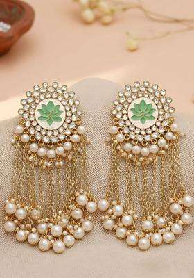 Gold-Plated Lime Green & White Kundan Drop Earrings for Women | Traditional Ethnic Jewellery for Wedding & Festive Wear | Gift for Her