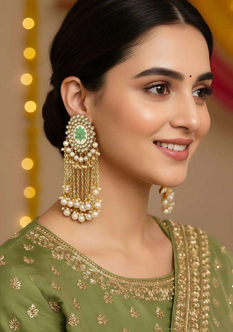 Gold-Plated Lime Green & White Kundan Drop Earrings for Women | Traditional Ethnic Jewellery for Wedding & Festive Wear | Gift for Her - Indya