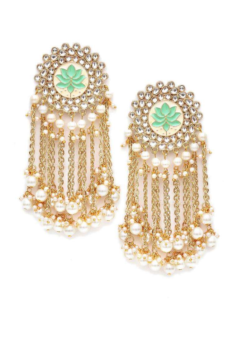 Gold-Plated Lime Green & White Kundan Drop Earrings for Women | Traditional Ethnic Jewellery for Wedding & Festive Wear | Gift for Her - Indya