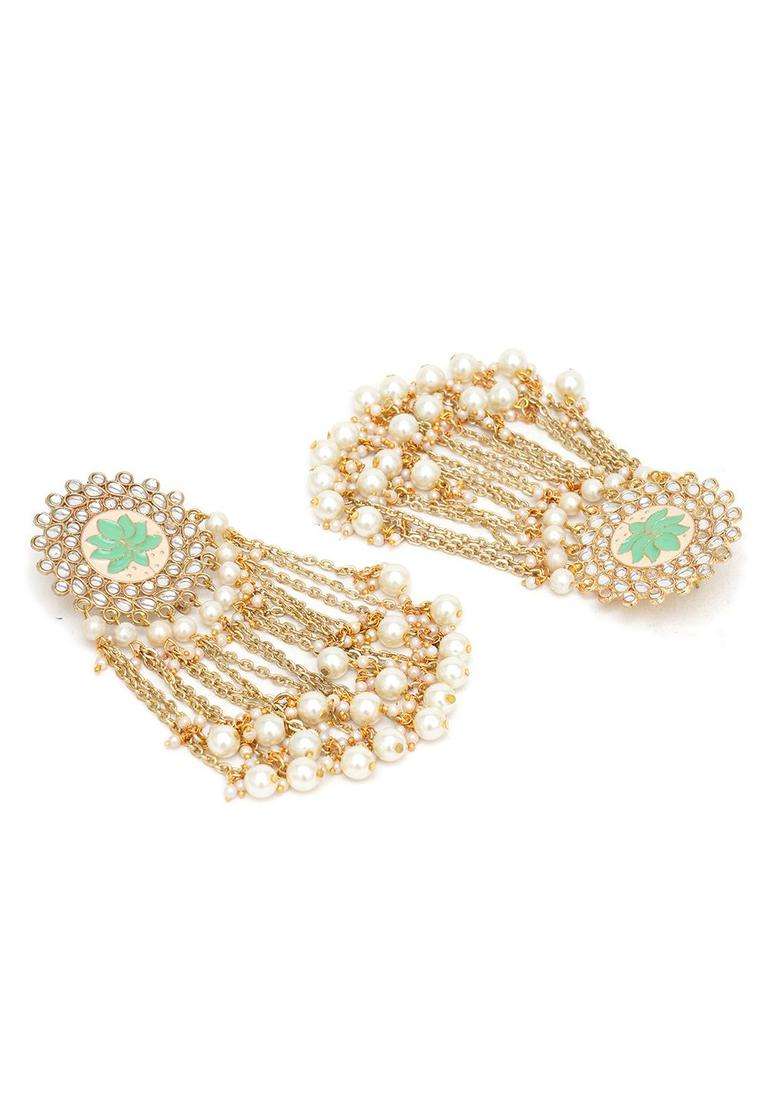Gold-Plated Lime Green & White Kundan Drop Earrings for Women | Traditional Ethnic Jewellery for Wedding & Festive Wear | Gift for Her - Indya