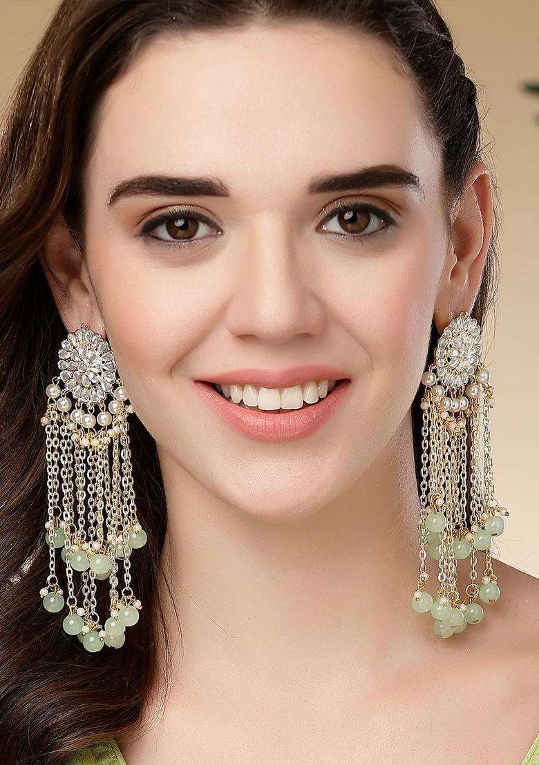 Lime Green Kundan Drop Gold-Plated Earrings for Women | Traditional Ethnic Jewellery for Wedding & Festive Wear | Gift for Her - Indya