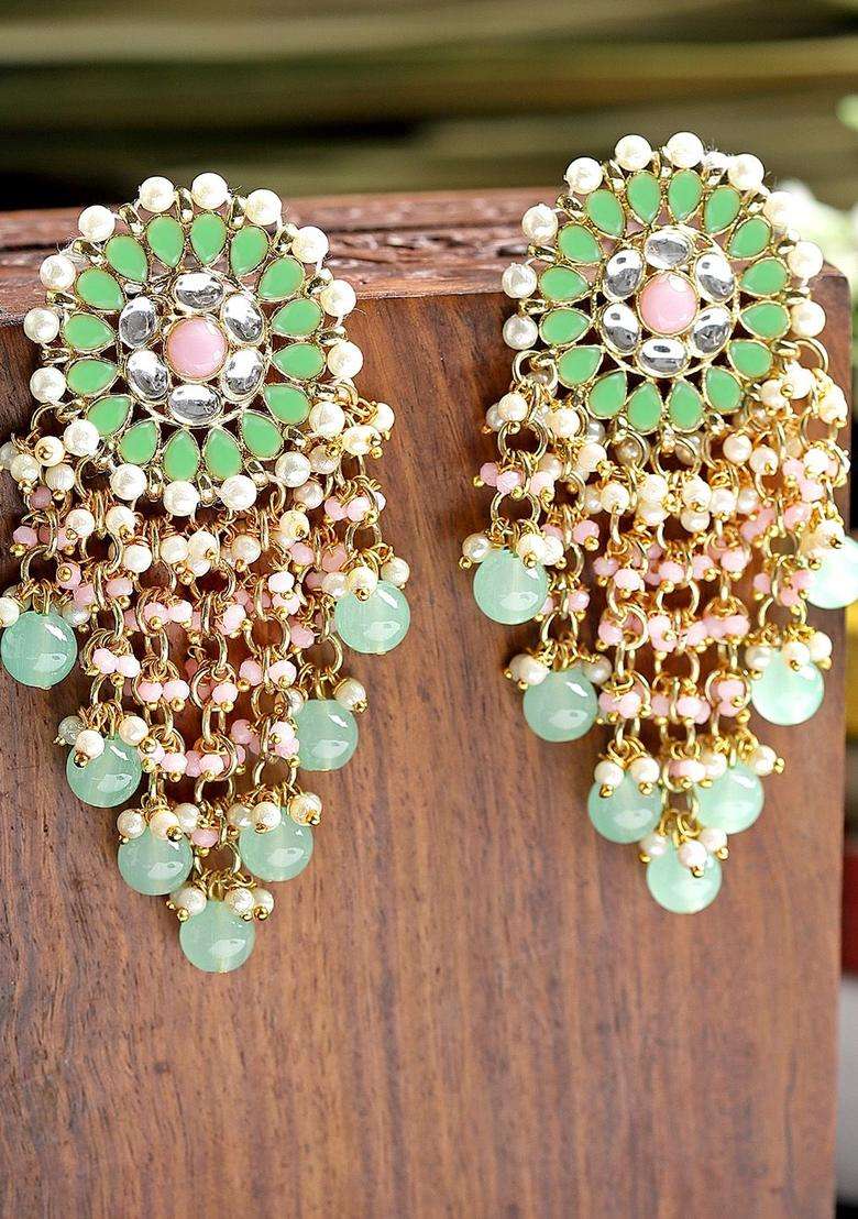 Green Gold-Plated Contemporary Drop Kundan Earrings for Women | Traditional Ethnic Jewellery for Wedding & Festive Wear | Gift for Her - Indya