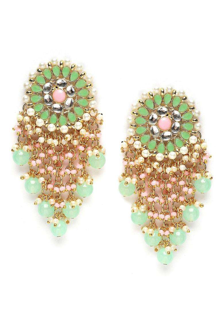 Green Gold-Plated Contemporary Drop Kundan Earrings for Women | Traditional Ethnic Jewellery for Wedding & Festive Wear | Gift for Her - Indya