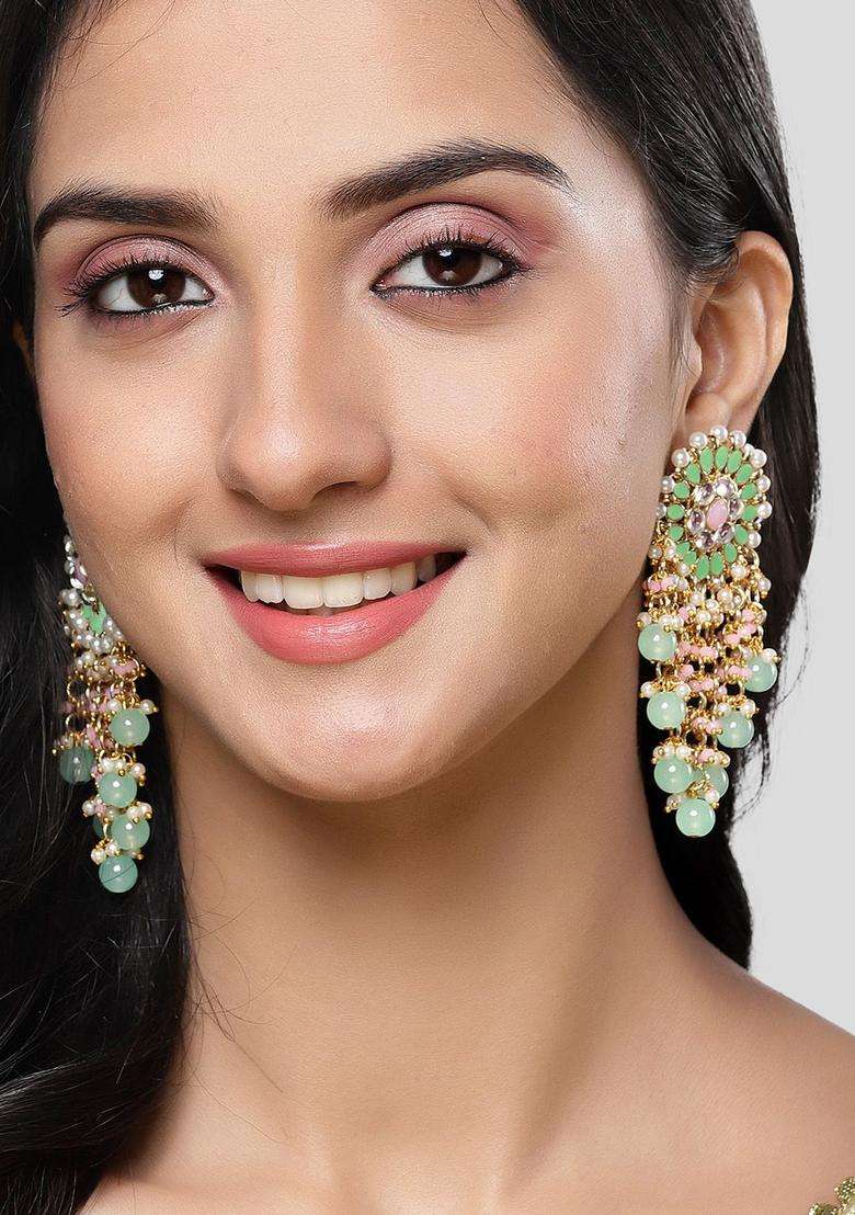 Green Gold-Plated Contemporary Drop Kundan Earrings for Women | Traditional Ethnic Jewellery for Wedding & Festive Wear | Gift for Her - Indya