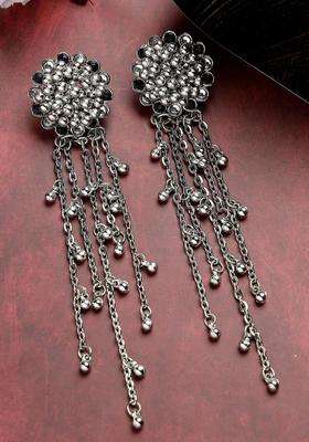 Silver-Plated Kundan-Studded Tasselled Drop Earrings for Women | Stylish Party & Everyday Wear | Gift for Her