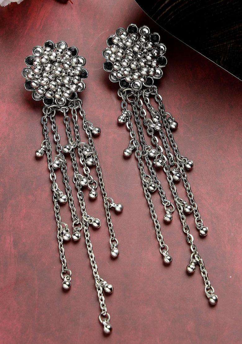 Silver-Plated Kundan-Studded Tasselled Drop Earrings for Women | Stylish Party & Everyday Wear | Gift for Her - Indya