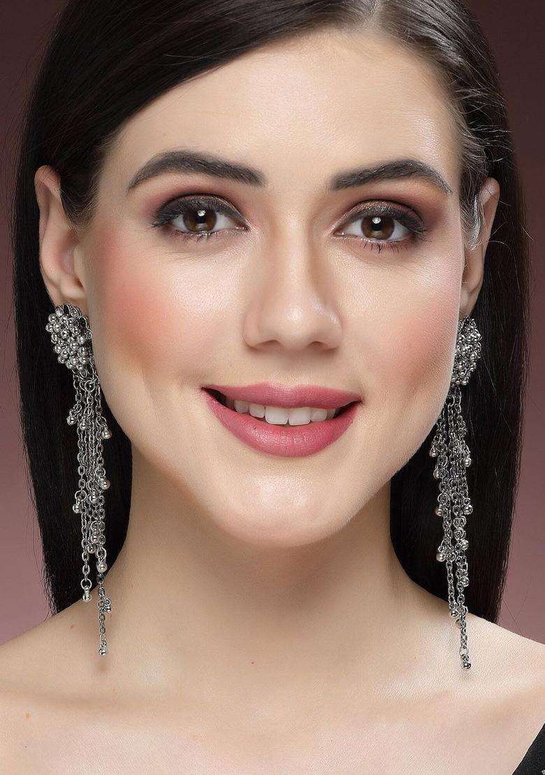 Silver-Plated Kundan-Studded Tasselled Drop Earrings for Women | Stylish Party & Everyday Wear | Gift for Her - Indya