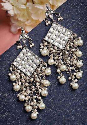 Silver-Plated & White Contemporary Drop Kundan Earrings for Women | Traditional Ethnic Jewellery for Wedding & Festive Wear | Gift for Her