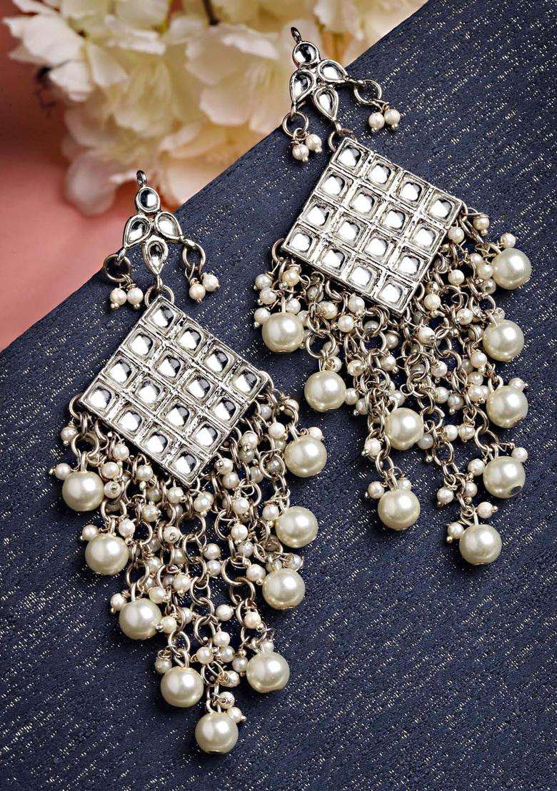 Silver-Plated & White Contemporary Drop Kundan Earrings for Women | Traditional Ethnic Jewellery for Wedding & Festive Wear | Gift for Her - Indya