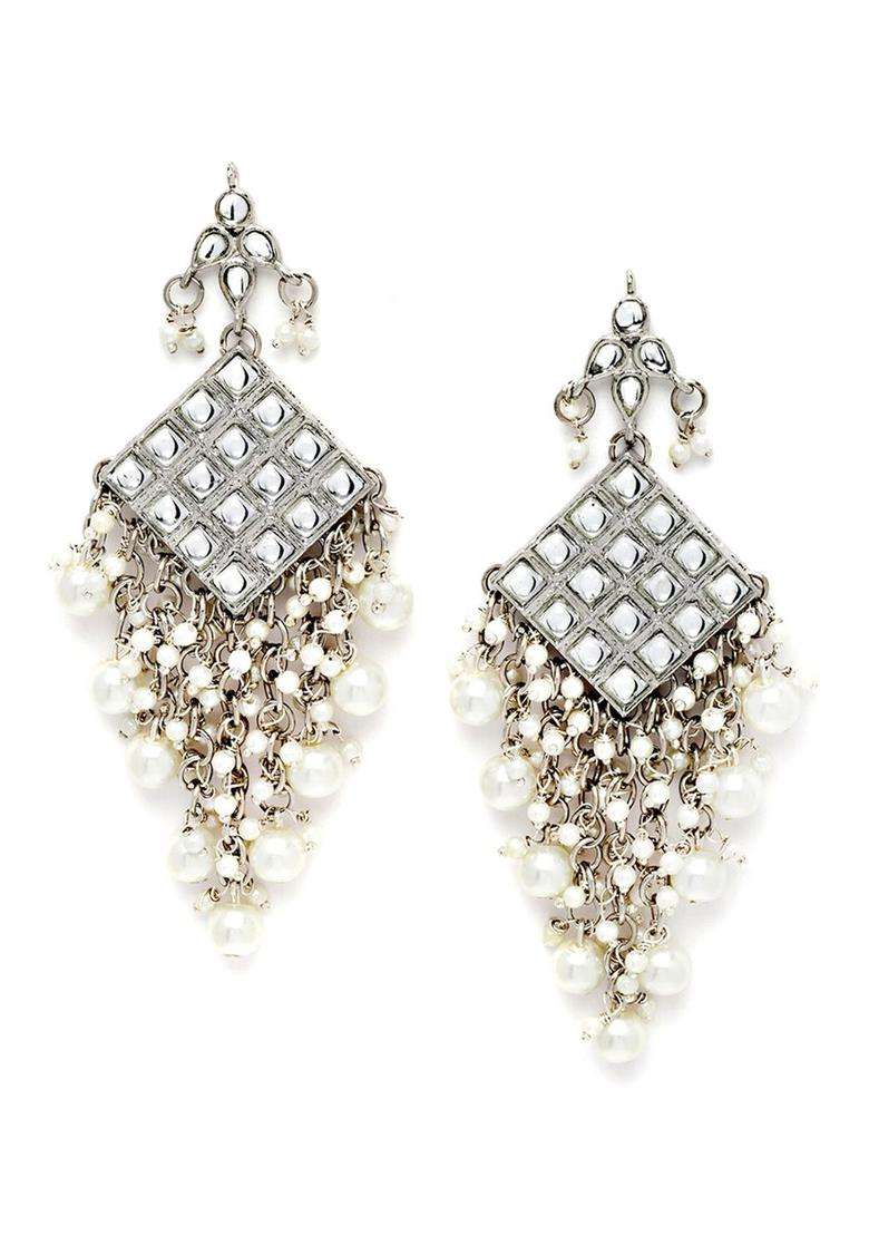 Silver-Plated & White Contemporary Drop Kundan Earrings for Women | Traditional Ethnic Jewellery for Wedding & Festive Wear | Gift for Her - Indya