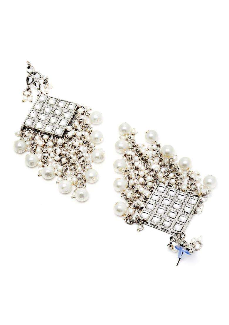 Silver-Plated & White Contemporary Drop Kundan Earrings for Women | Traditional Ethnic Jewellery for Wedding & Festive Wear | Gift for Her - Indya