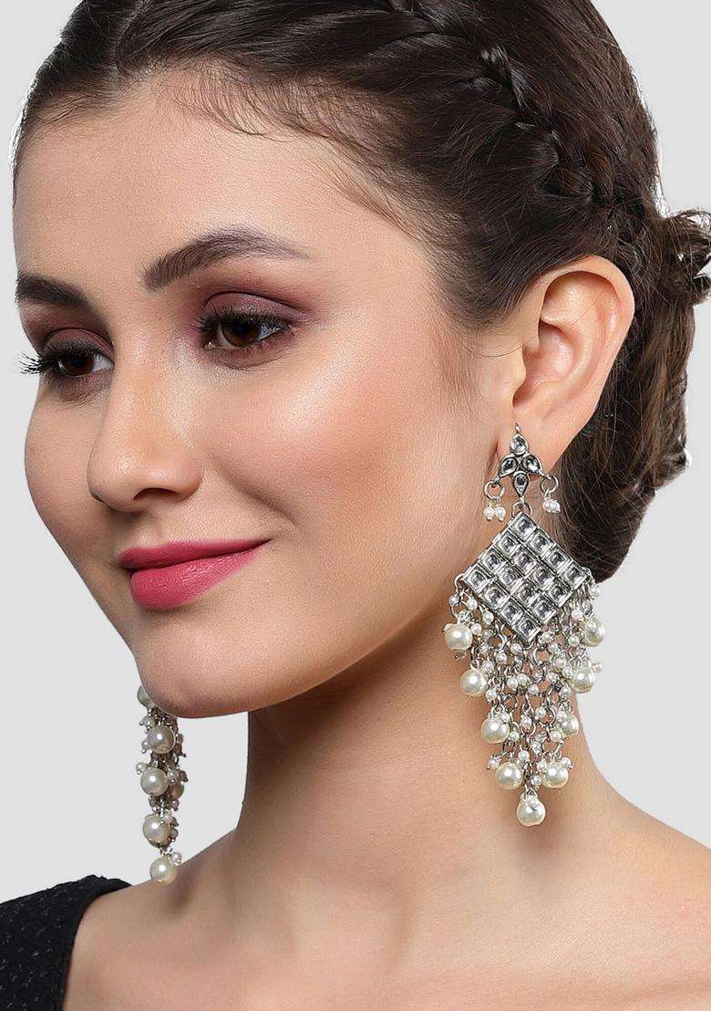 Silver-Plated & White Contemporary Drop Kundan Earrings for Women | Traditional Ethnic Jewellery for Wedding & Festive Wear | Gift for Her - Indya