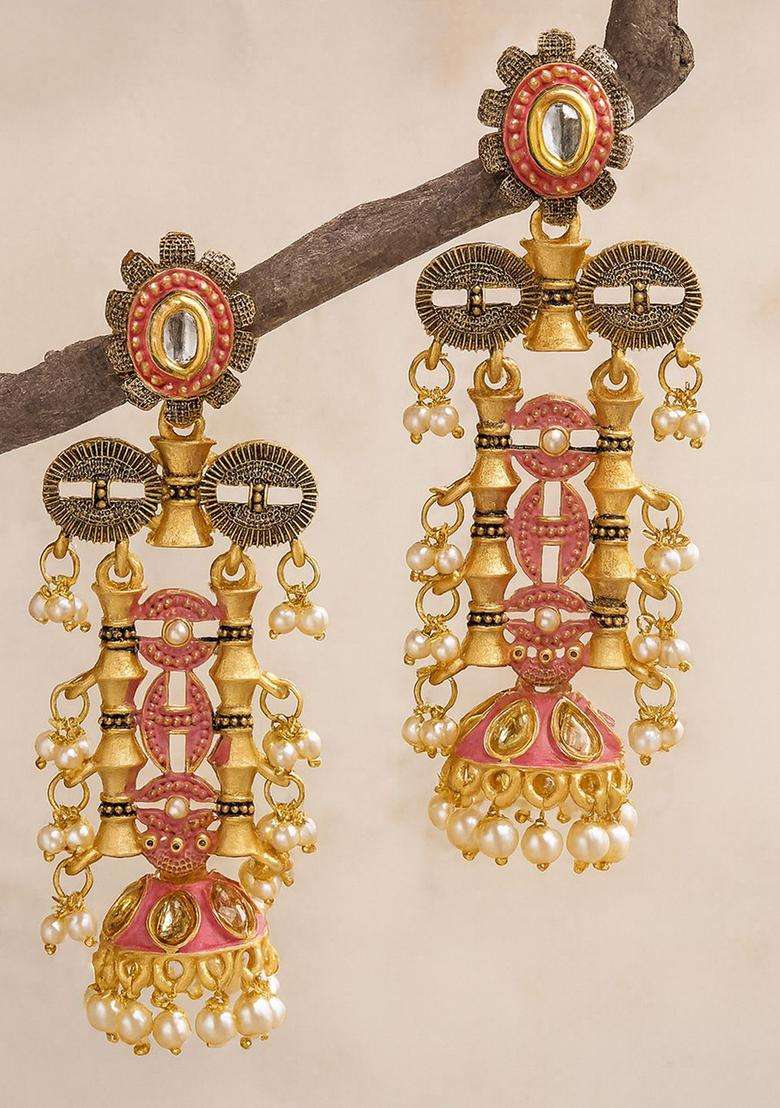 Gold-Plated Pink Classic Jhumkas Earrings with Kundan for Women | Fusion Party & Festive Wear | Gift for Her - Indya