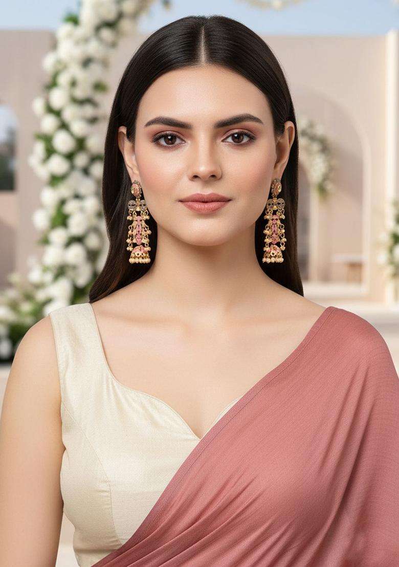 Gold-Plated Pink Classic Jhumkas Earrings with Kundan for Women | Fusion Party & Festive Wear | Gift for Her - Indya