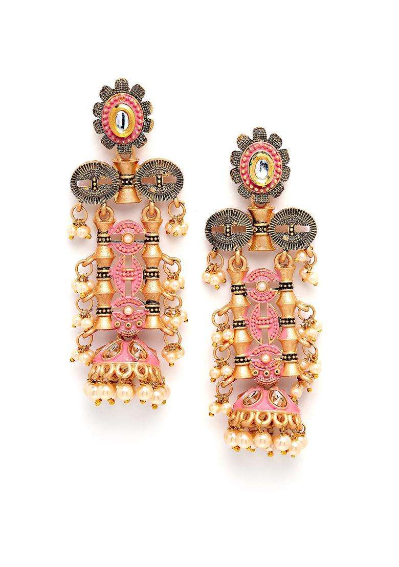 Gold-Plated Pink Classic Jhumkas Earrings with Kundan for Women | Fusion Party & Festive Wear | Gift for Her - Indya