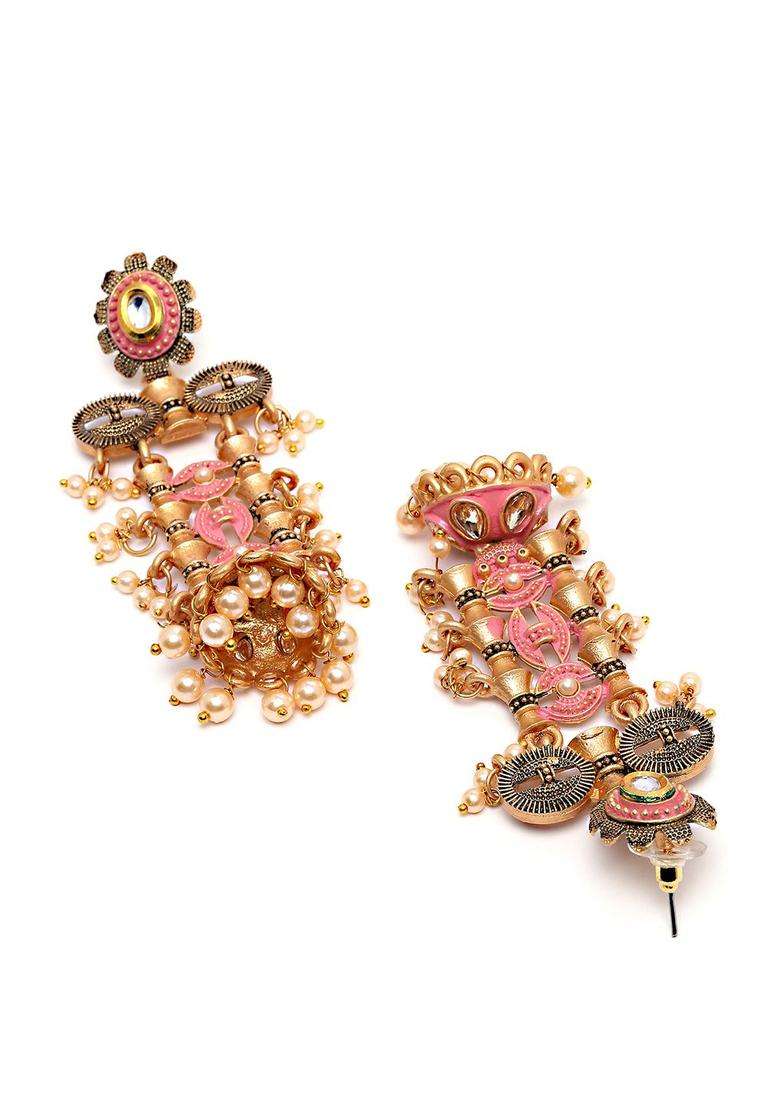 Gold-Plated Pink Classic Jhumkas Earrings with Kundan for Women | Fusion Party & Festive Wear | Gift for Her - Indya