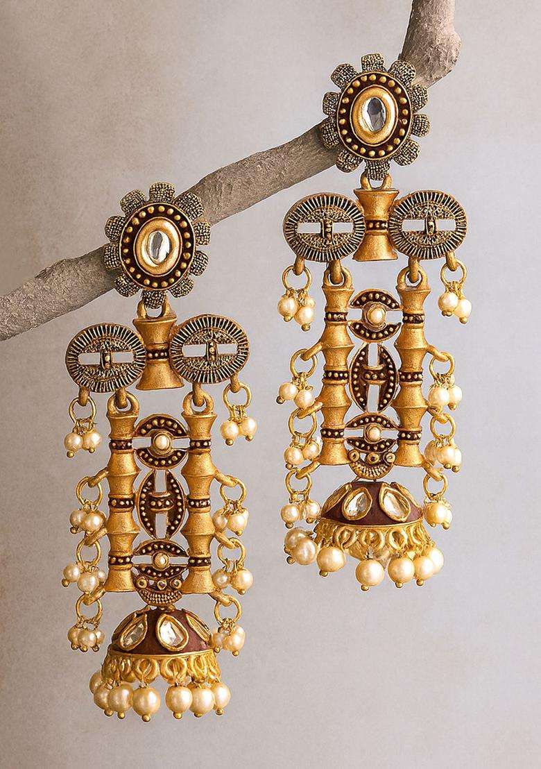 Gold-Plated & Maroon Kundan Classic Drop Earrings for Women | Fusion Party & Festive Wear | Gift for Her - Indya