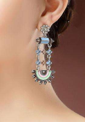 Silver-Plated Boho Tribal Kundan Studded Oxidized Drop Earrings for Women | Fusion Party & Festive Wear | Gift for Her