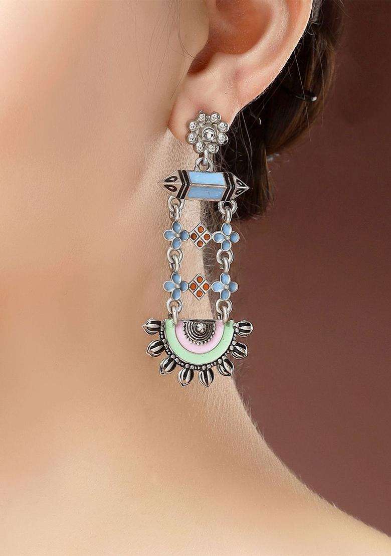 Silver-Plated Boho Tribal Kundan Studded Oxidized Drop Earrings for Women | Fusion Party & Festive Wear | Gift for Her - Indya