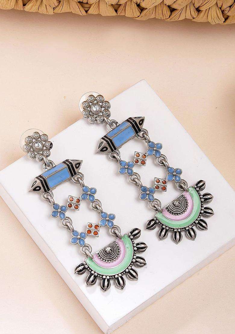 Silver-Plated Boho Tribal Kundan Studded Oxidized Drop Earrings for Women | Fusion Party & Festive Wear | Gift for Her - Indya