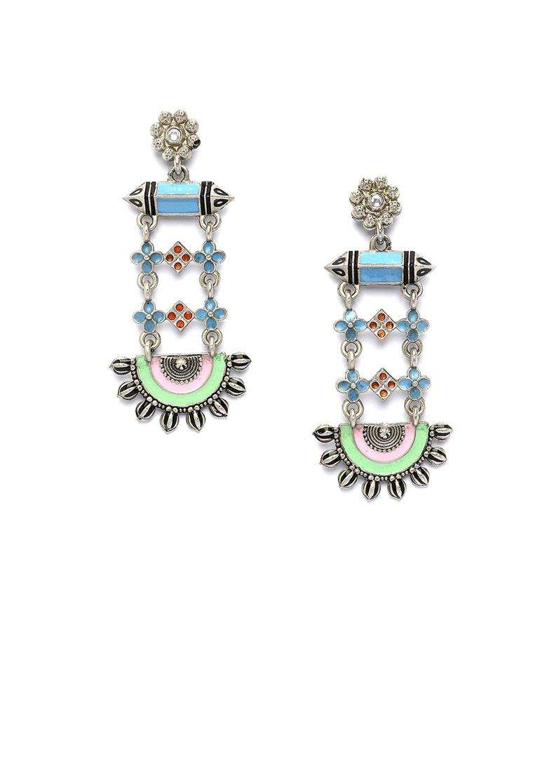 Silver-Plated Boho Tribal Kundan Studded Oxidized Drop Earrings for Women | Fusion Party & Festive Wear | Gift for Her - Indya