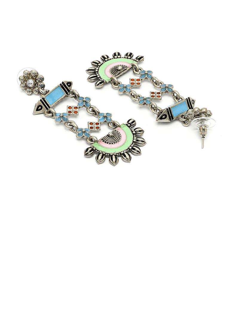 Silver-Plated Boho Tribal Kundan Studded Oxidized Drop Earrings for Women | Fusion Party & Festive Wear | Gift for Her - Indya