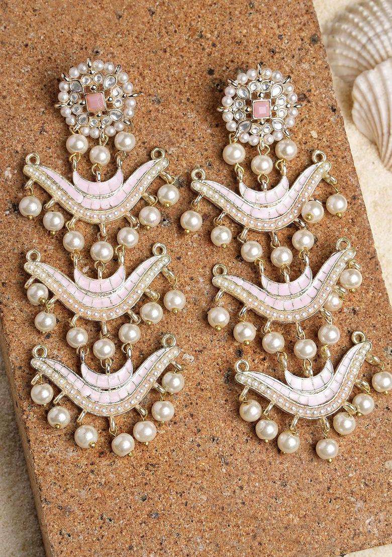 Pink Gold-Plated Kundan Studded Dangler Drop Earrings for Women | Traditional Ethnic Jewellery for Wedding & Festive Wear | Gift for Her - Indya
