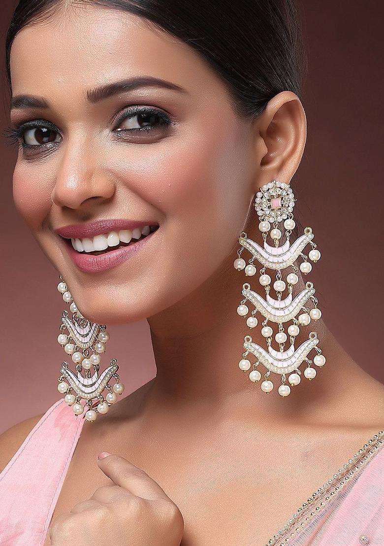 Pink Gold-Plated Kundan Studded Dangler Drop Earrings for Women | Traditional Ethnic Jewellery for Wedding & Festive Wear | Gift for Her - Indya