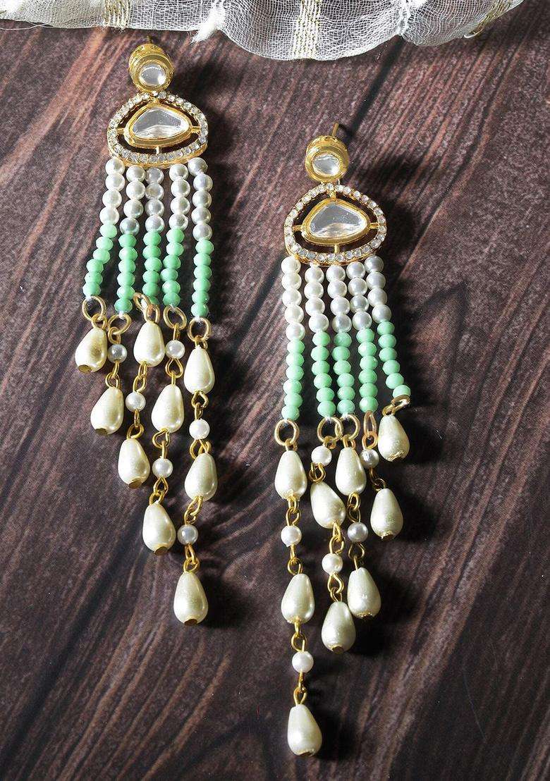 Green Gold-Plated Kundan Studded Drop Earrings for Women | Fusion Party & Festive Wear | Gift for Her - Indya