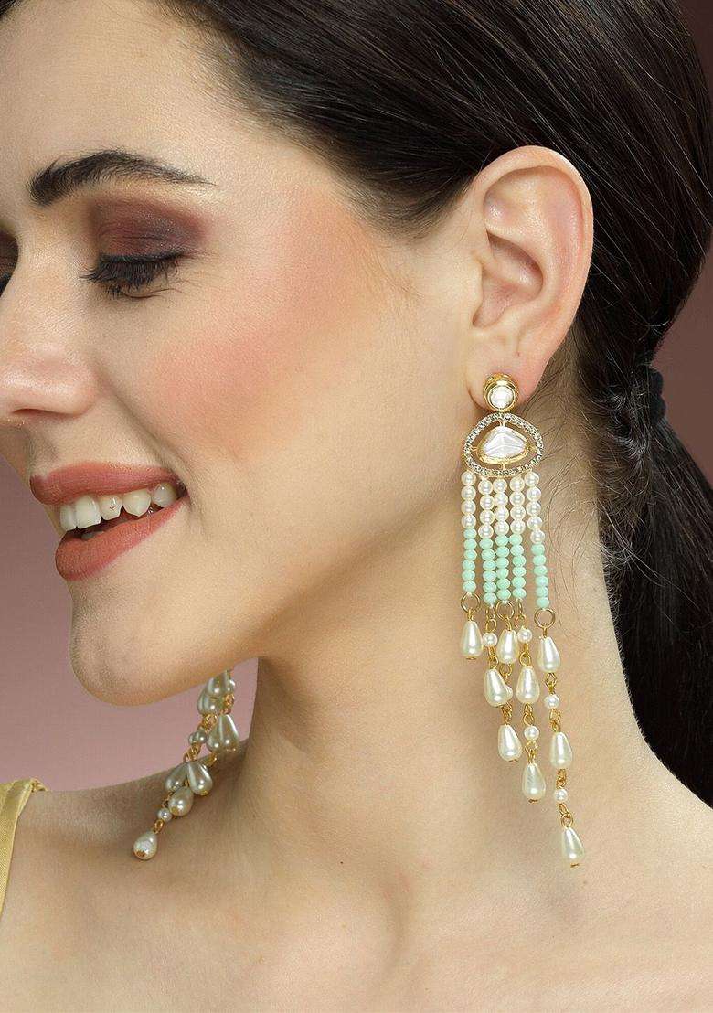 Green Gold-Plated Kundan Studded Drop Earrings for Women | Fusion Party & Festive Wear | Gift for Her - Indya