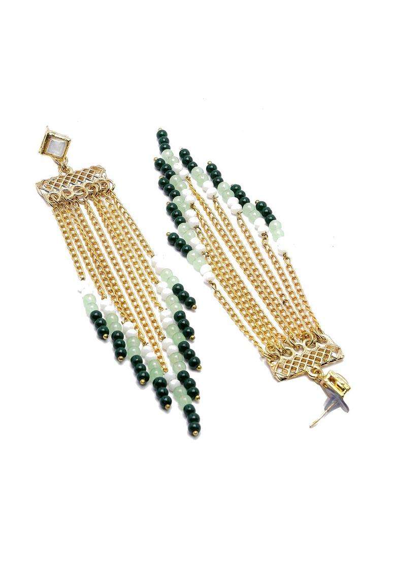 Green Gold-Plated Kundan Studded Drop Earrings for Women | Fusion Party & Festive Wear | Gift for Her - Indya