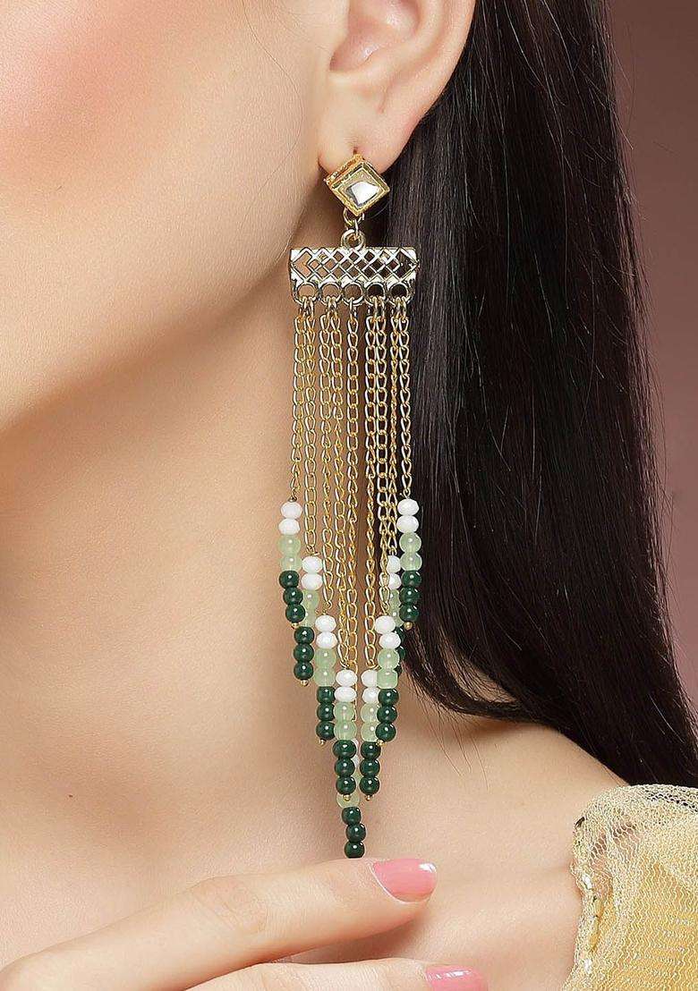 Green Gold-Plated Kundan Studded Drop Earrings for Women | Fusion Party & Festive Wear | Gift for Her - Indya