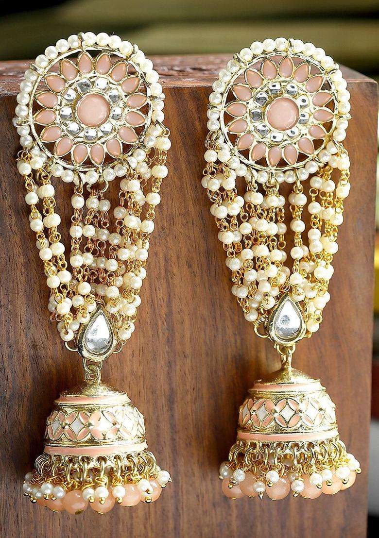 Peach Contemporary Jhumkas Gold-Plated Kundan Jhumki Earrings for Women | Traditional Ethnic Jewellery for Wedding & Festive Wear | Gift for Her - Indya