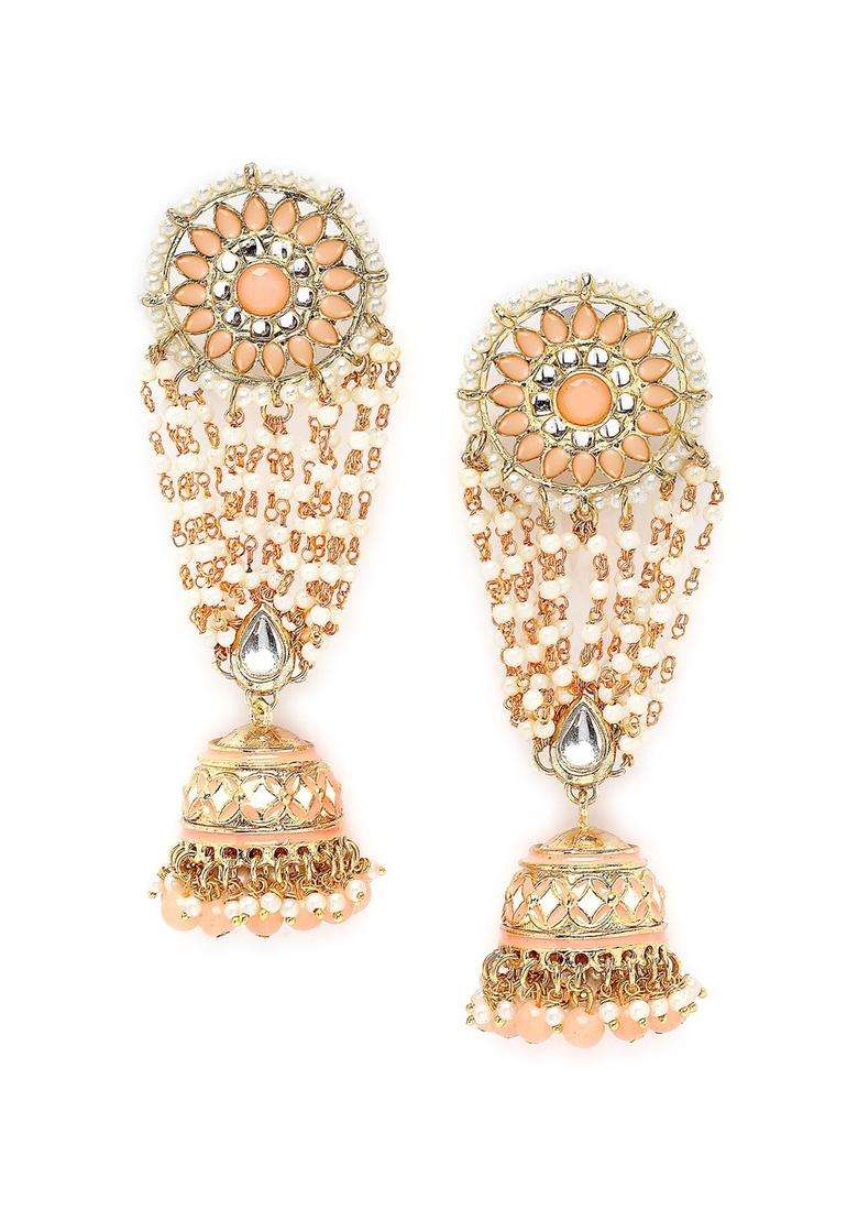 Peach Contemporary Jhumkas Gold-Plated Kundan Jhumki Earrings for Women | Traditional Ethnic Jewellery for Wedding & Festive Wear | Gift for Her - Indya