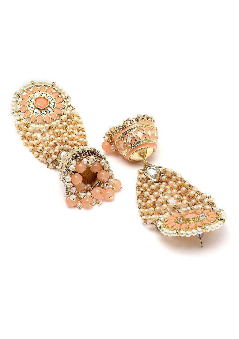 Peach Contemporary Jhumkas Gold-Plated Kundan Jhumki Earrings for Women | Traditional Ethnic Jewellery for Wedding & Festive Wear | Gift for Her - Indya
