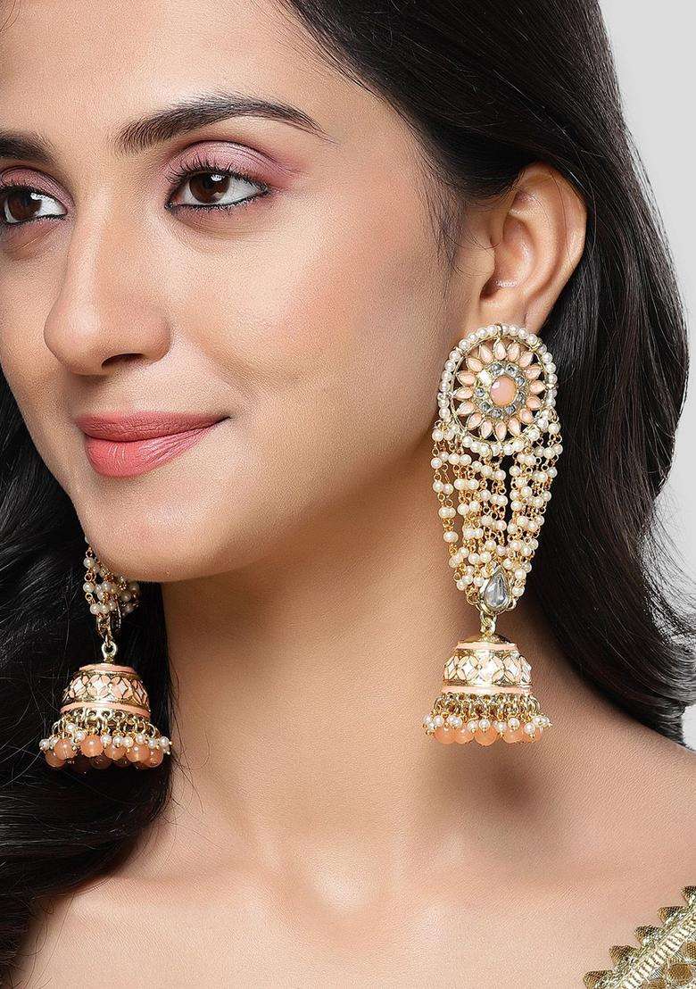 Peach Contemporary Jhumkas Gold-Plated Kundan Jhumki Earrings for Women | Traditional Ethnic Jewellery for Wedding & Festive Wear | Gift for Her - Indya
