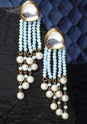 Blue Gold-Plated Stone Studded & Beaded Drop Kundan Earrings for Women | Stylish Party & Everyday Wear | Gift for Her