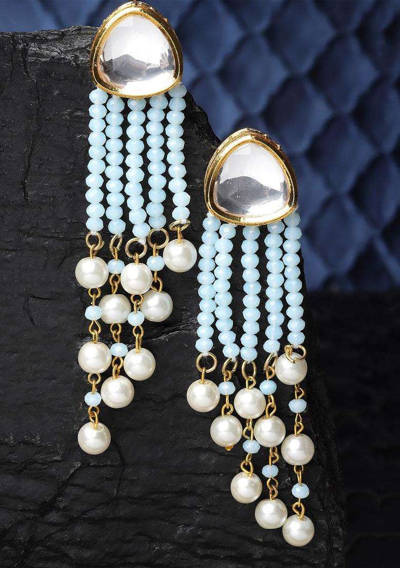 Blue Gold-Plated Stone Studded & Beaded Drop Kundan Earrings for Women | Stylish Party & Everyday Wear | Gift for Her - Indya